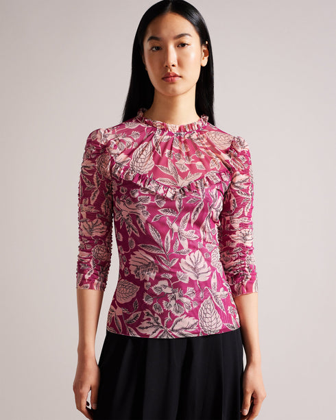 IZABELO-Tops-This is no ordinary top. From frills and mesh to ruched sleeves and a bold print, what more could you possibly want from IZABELO? A true statement piece, this vibrant top will bring new life to your wardrobe. Sit back and let your outfit do the talking. Mesh top Leaf print Ruched 3/4 sleeves Frill details High neck Button fastening Chae is 5'9.5" / 1.77m and wears Bright Pink in a Ted size 1- Ted Baker Romania